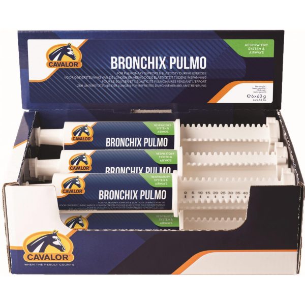 Cavalor Bronchix Pulmo est pour le soutien pulmonaire et l'élasticité pendant l'exercice. 1/3 seringue pendant au moins 6 jours consécutifs. ½ seringue la veille de l'augmentation de la charge de travail. ½ seringue le jour de l'augmentation de la charge de travail (ou la veille au soir). Max 1 seringue par jour. VENDU EN ETUI DE 6 SERINGUES.